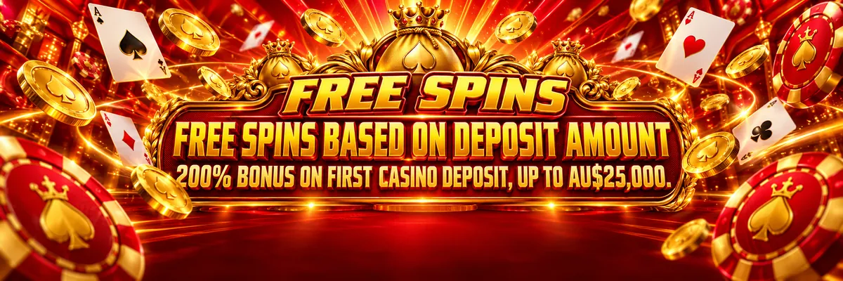 A crowned money-bag emblem above a bright free-spins sign, with a dramatic swirl of glossy cards, poker chips and spinning coins.